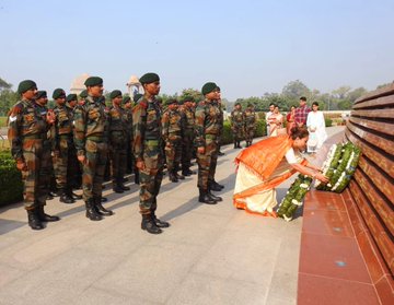 Mrs Ronibala Upreti, W/o Late Major Ajay Upreti, Sena Medal, and troops of 8 BIHAR paid homage 